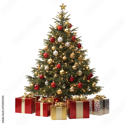 A Christmas tree adorned with golden and red ornaments, decorated in gold and silver colors, stands next to gift boxes isolated on a white background. transparent, alpha background png
