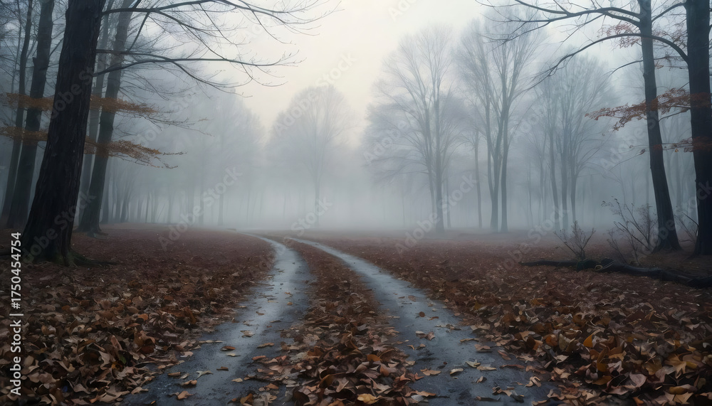 Fototapeta premium Enigmatic forest path shrouded in mist and fallen leaves, evoking feelings of mystery and solitude in a tranquil, autumn landscape