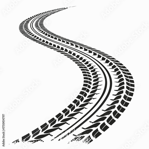 Detailed black tire track with textured edges curving on a white background Keywords: tire track, tire tread, grunge, imprint, mark, dirty, asphalt, off road, vehicle, transportation, driving