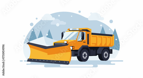Yellow snowplow truck clearing a road in winter illustration.