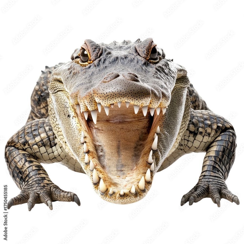Obraz premium A crocodile with its mouth open, showing sharp teeth on a white background. transparent, alpha background png
