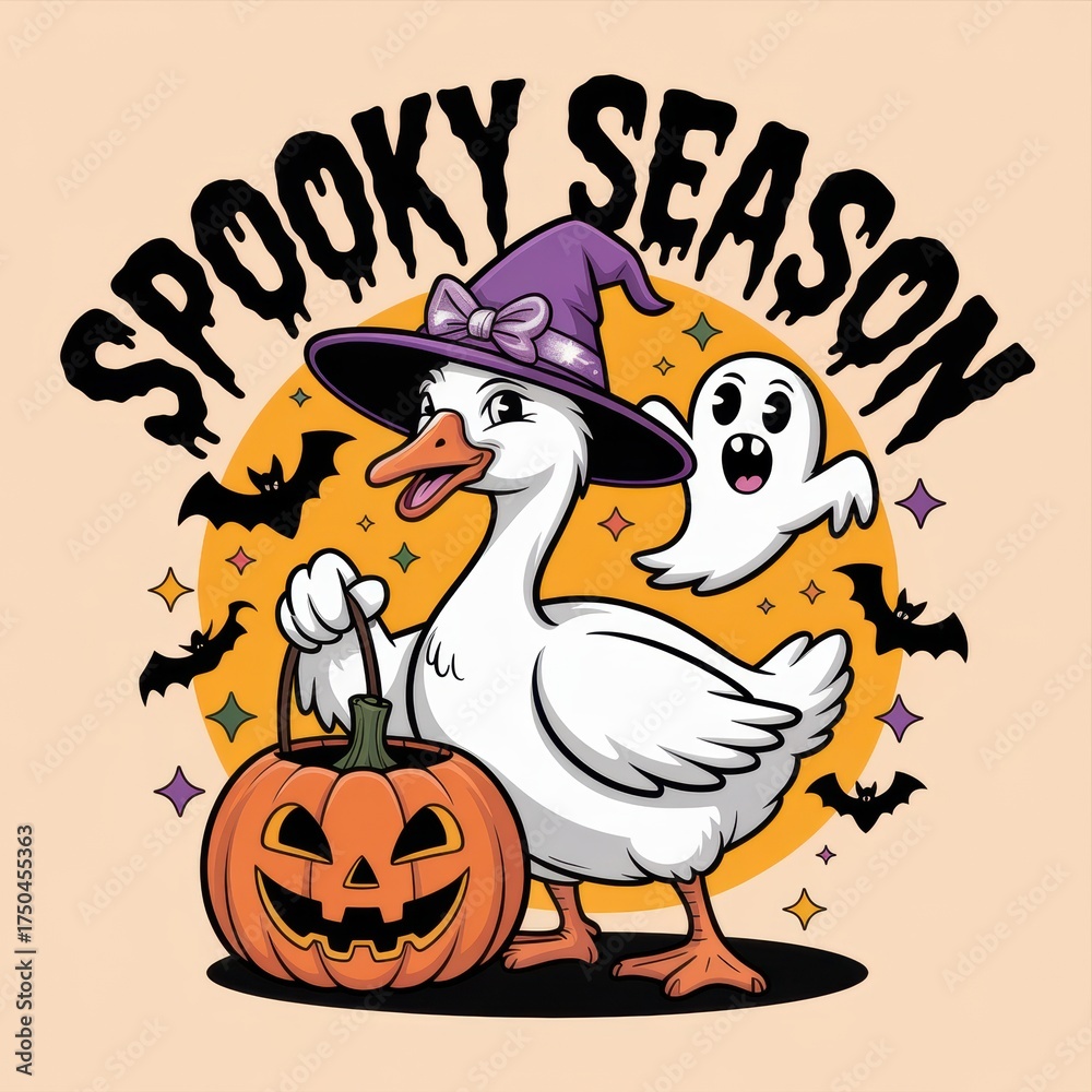 Obraz premium A whimsical illustration of a goose wearing a witch's hat, holding a pumpkin, surrounded by ghosts and bats, celebrating the spooky season of Halloween.