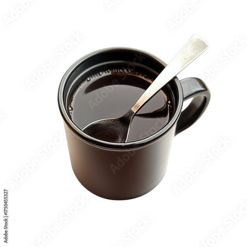 A cup of black coffee with a spoon on a white background, transparent, alpha background png