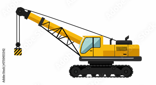 Yellow crawler crane heavy construction machinery isolated on white background.