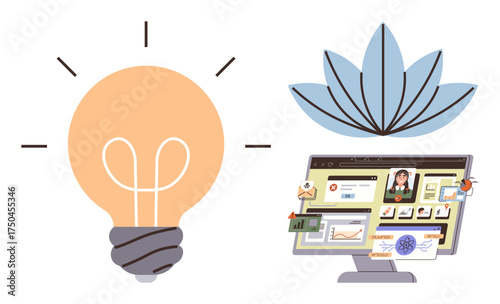 Lightbulb for creativity, lotus flower for mindfulness, computer with elements thumbs up data charts and communication tools for productivity. Ideal for innovation, learning, mindfulness, technology