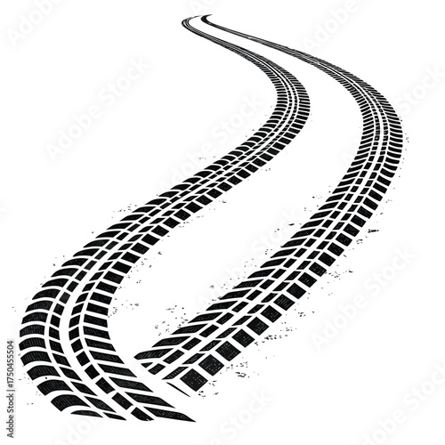 Two black tire tracks with textured edges curving on a white background Keywords: tire track, tire tread, grunge, imprint, mark, dirty, asphalt, off road, vehicle, transportation, driving, journey