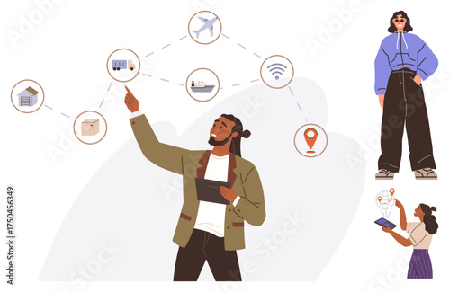 Man using tablet gestures toward tech icons thumbs up wireless, airplane, map pin while two figures brainstorm separately. Ideal for innovation, connectivity, collaboration, mobility, planning