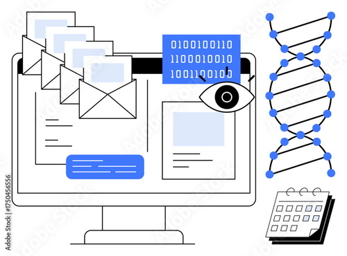 Computer screen with emails, binary code, DNA strand, eye, and calendar. Ideal for technology, communication, data security genetics research scheduling science. Simple flat metaphor