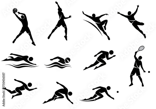 Wallpaper Mural Dynamic collection of black athlete silhouettes in various sports poses, a digitally generated set for active lifestyle concepts Torontodigital.ca
