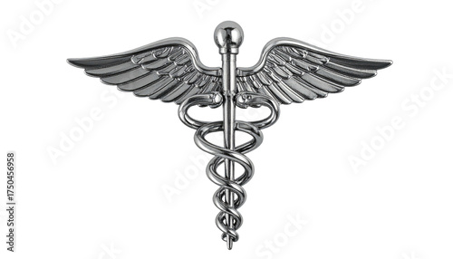 Shiny, metallic symbol of medicine features staff, snakes, and wings against a black backdrop