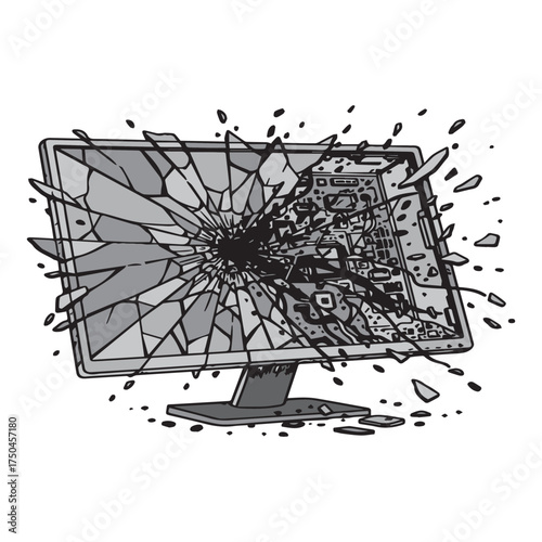 A cracked computer monitor exploding with debris flying outwards from the screen.