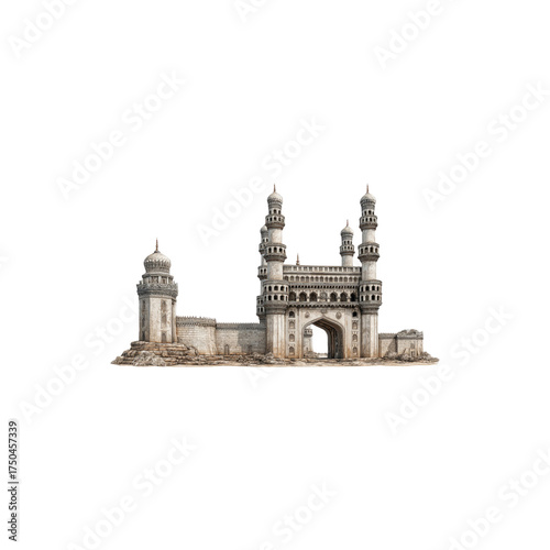 Historic Charminar monument with grand arches and minarets located in Hyderabad Telangana India, famous architectural landmark isolated on white background