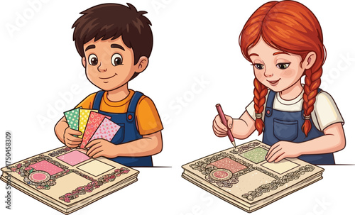 PrintChildren scrapbooking together, creative kids activity, teamwork, arts and crafts, childhood learning, colorful paper, emotional expression, school project, fun bonding time