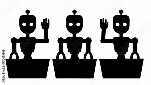 Robots waving hello, futuristic technology with friendly AI, vector design for innovative concepts