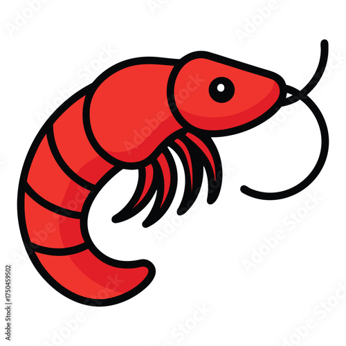 shrimp, red, seafood, cartoon, prawn, ocean, marine, aquatic, vector, illustration, minimal, flat, cute