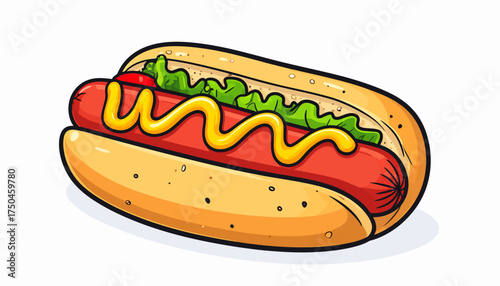 A cartoon illustration of a delicious hot dog with mustard, lettuce, and ketchup.