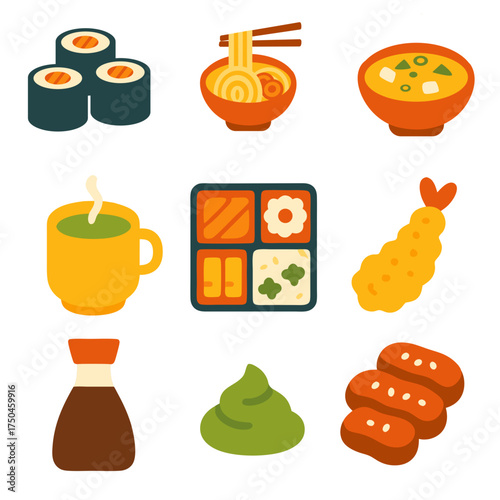 Set of flatstyle illustrations showcasing traditional japanese dishes. Perfect for food blogs, menus, travel guides, and cultural websites.
