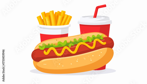 Cartoon illustration of a hotdog with mustard and lettuce, fries in a cup, and a red drink with a straw.