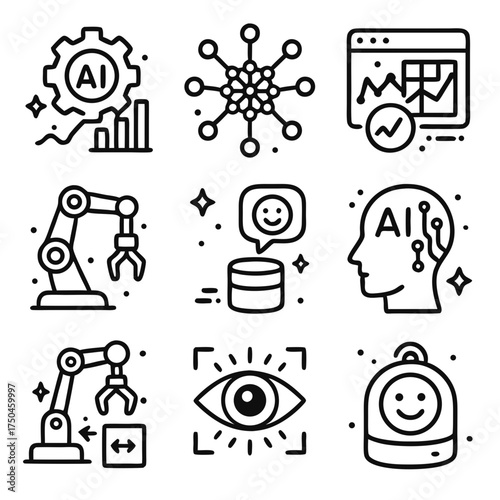 Nine airelated icons featuring a robot, eye, and more, ideal for tech presentations, graphic design projects, or website illustrations.