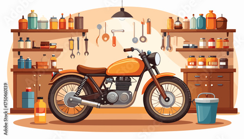 A classic orange motorcycle parked in a garage workshop with shelves stocked with tools and supplies.