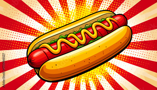 A vibrant cartoon illustration of a hot dog with mustard on a bun, set against a retro background.