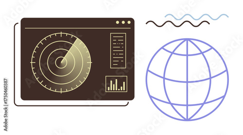 Radar screen scanning with data charts alongside globe and signal waves. Ideal for navigation, tracking, monitoring, technology, global communication, exploration, surveillance. A simple flat