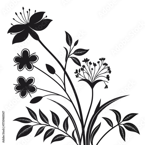 Black silhouette of various stylized flowers and leaves arranged in a decorative cluster on a white background Keywords: flower, silhouette, black and white, flora, plant, stem, leaf, blossom