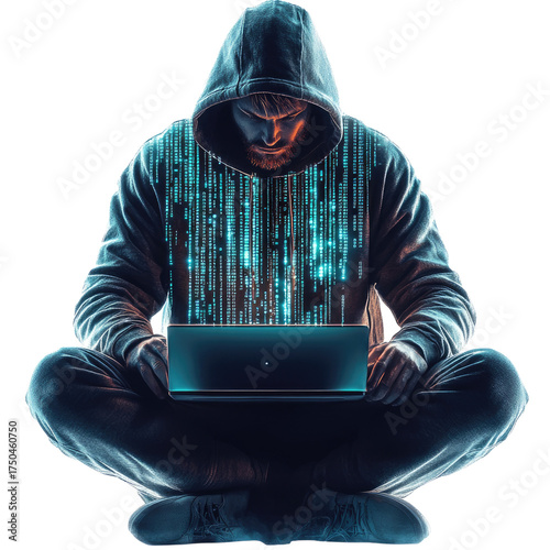 A hacker in a black hoodie sits with a laptop, surrounded by holographic code, isolated on a white background transparent, alpha background png