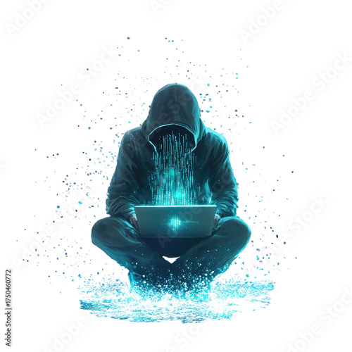 A hacker in a black hoodie sits with a laptop, surrounded by holographic code, isolated on a white background transparent, alpha background png