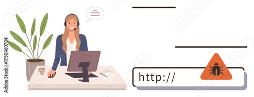 Customer service agent at desk with computer. Address bar and malware warning highlight online security. Ideal for customer support, cybersecurity, online safety, IT helpdesk, digital training