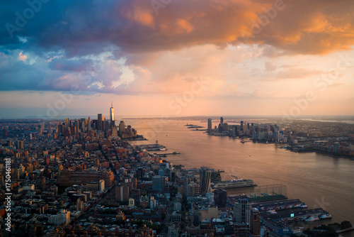 Panoramic View of Downtown Manhatten, The Hudson River and New Jersey during Sunset