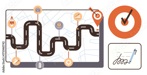 Roadmap on a screen with icons for milestones, goal achievement, and signed document. Ideal for business planning, project management, achievement tracking, progress visualization, target setting