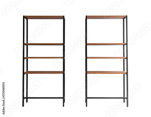 Two identical open wooden shelving units with black metal frames against black