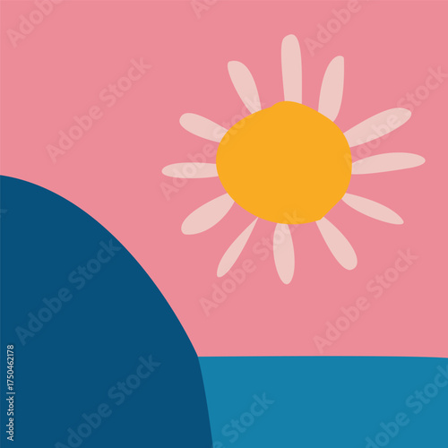 Boho Abstract Vector Sunset Landscape with Daisy Sun
