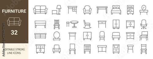 Furniture Editable Stroke Line Icon Set .Sofa, Table, Chair, Cabinet, Bookshelf, Bed, Lamp, and Home Furniture