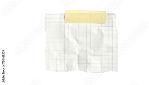 Torn grid paper note, crumpled, taped to the top; isolated on black
