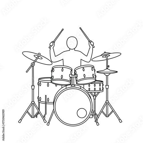 Drummer plays a drum kit on stage during a concert, showcasing musical talent and rhythm in a simple, clean line art style.