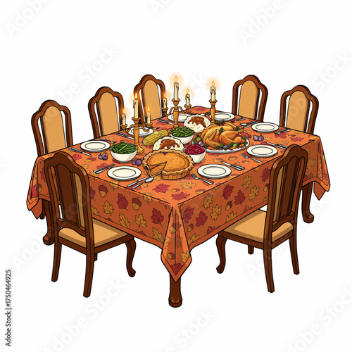 Thanksgiving Dinner Table Set for Holiday Feast with Roasted Turkey and Autumn Decor