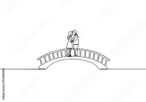 Couple kissing on a bridge in minimalist style representing Valentine's Day  isolated on a white background