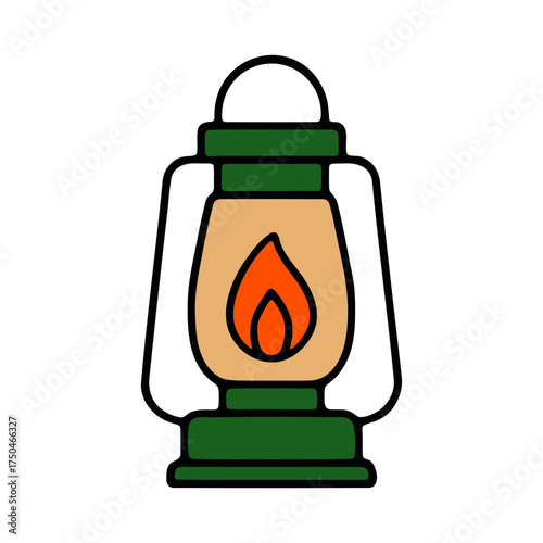 A simple flat design illustration of a vintage kerosene lantern with a glowing orange flame against a black background