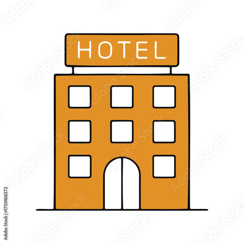 Simple cartoon illustration of an orange hotel building with a sign that says hotel and black square windows and a dark arched entrance on a black background