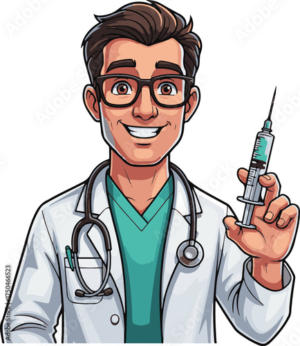 Friendly Cartoon Doctor Holding a Syringe
