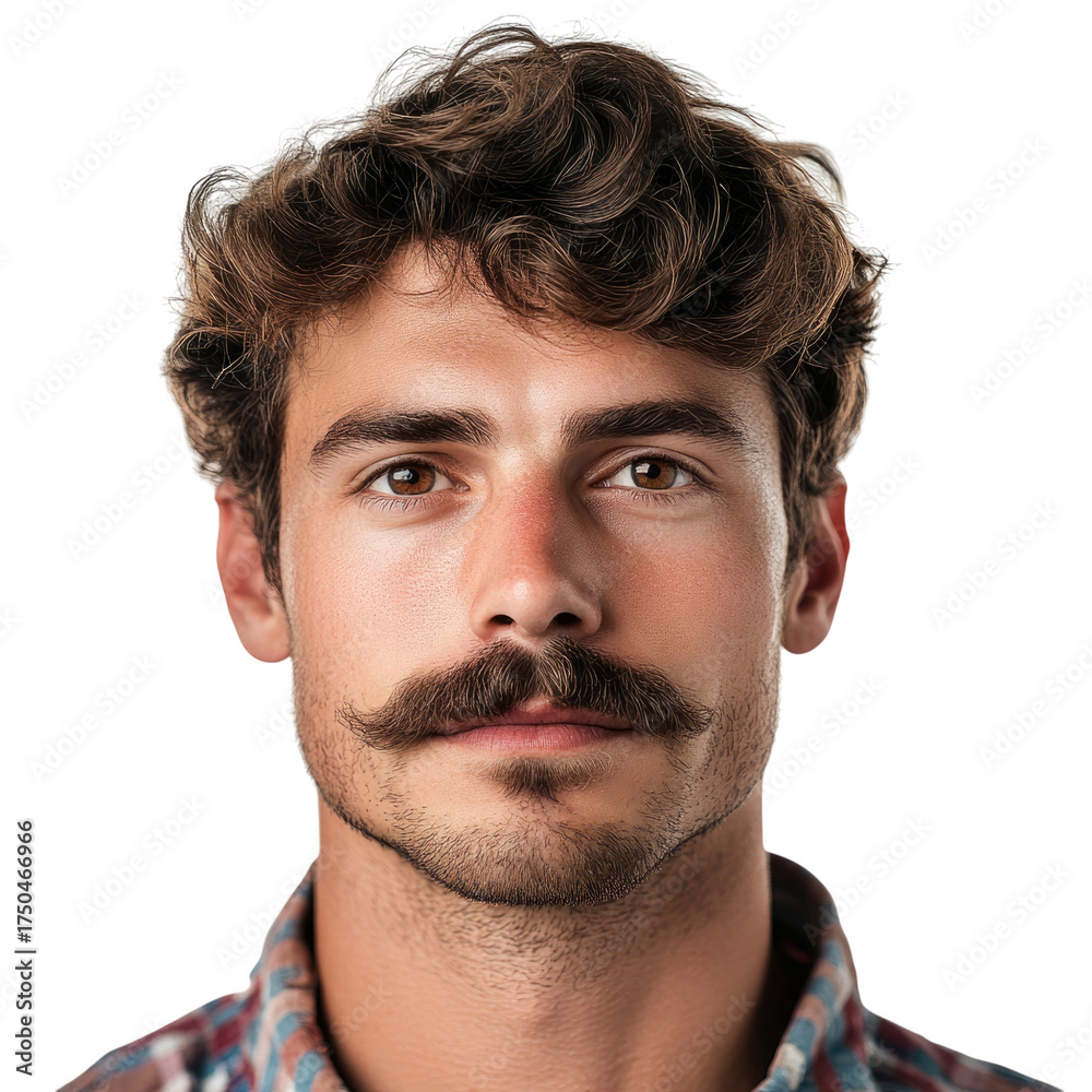 Fototapeta premium A man with a hairy mustache and brown hair, isolated against a white background transparent, alpha background png