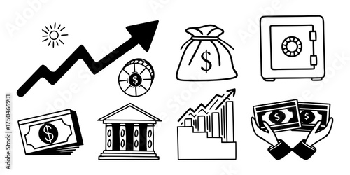 Illustration of financial growth with money bag bank building and rising arrow graph and safe box icon set