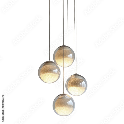 A modern pendant light with six round glass shades, each covered in beige glitter and suspended transparent, alpha background png