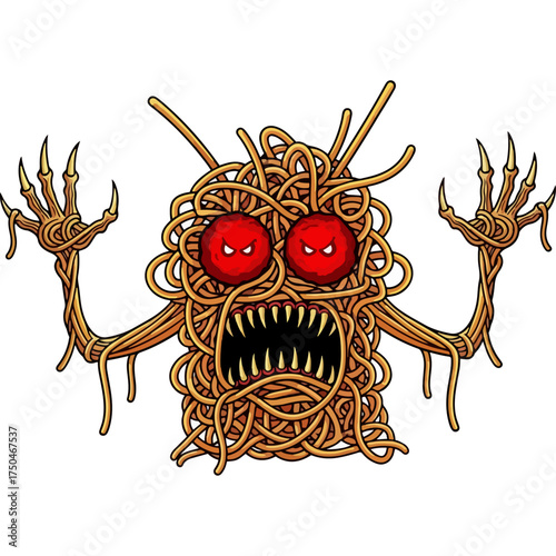Artistic and humorous vector graphic of a Flying Spaghetti Monster. With sharp teeth and meatball eyes, this pasta character is a great mascot for creative projects, menu designs, or fun branding.