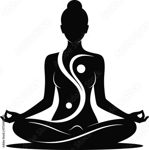 A striking vector art illustration of a meditating woman with a flowing Yin Yang symbol, embodying balance and spiritual harmony