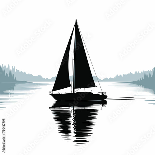 Elegant sailboat silhouette reflecting on tranquil waters, a captivating vector graphic art piece