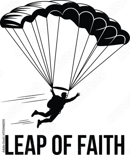 A striking black and white vector illustration of a lone skydiver