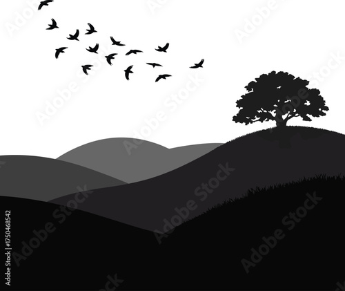 Black and White Silhouette of Birds Flying Over Rolling Hills and Tree